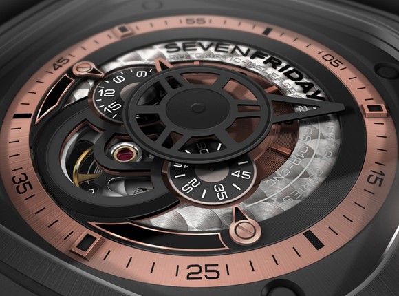 The Seven Friday P02 is customized with specific discs for 24H and small second functions while a special minute hand is designed as an extended arm of the mechanical movement.