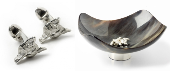 Fox Mask Sterling Silver Cufflink and Horn Bowl with Solid Silver Base.