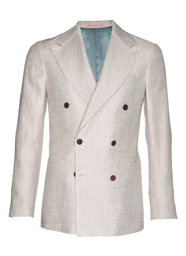 Cut from pure Larusmiani linen, this sharp, light brown Madison jacket features patch pockets, 6-on-2 button placement, and a wide, slightly curved peaked lapel. Pair it with dark brown trousers and blue accents for a rich style.